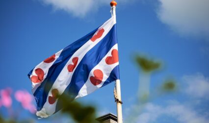 Foto van de Friese vlag voor een blauwe lucht.